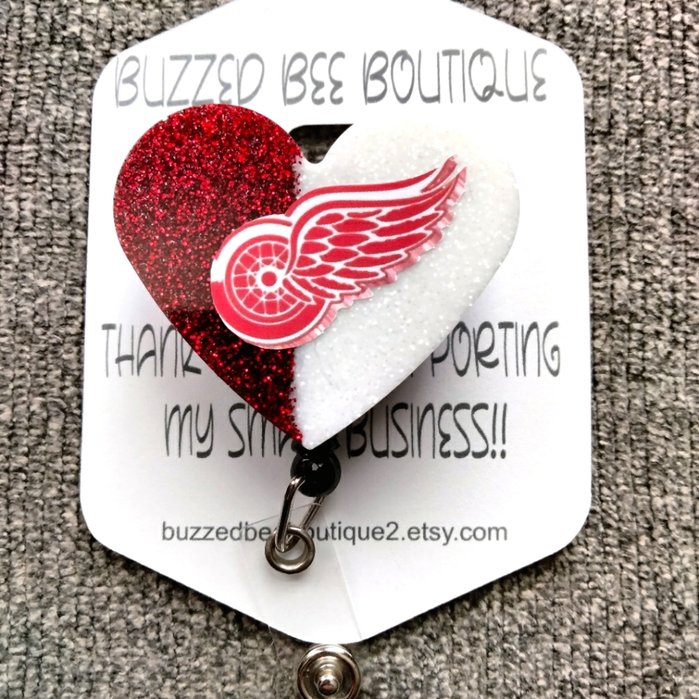 Detroit Red Wings heart retractable name badge reel ID holder